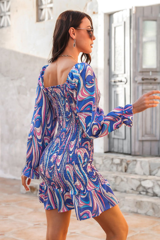 Abstract Print Square Neck Smocked Dress