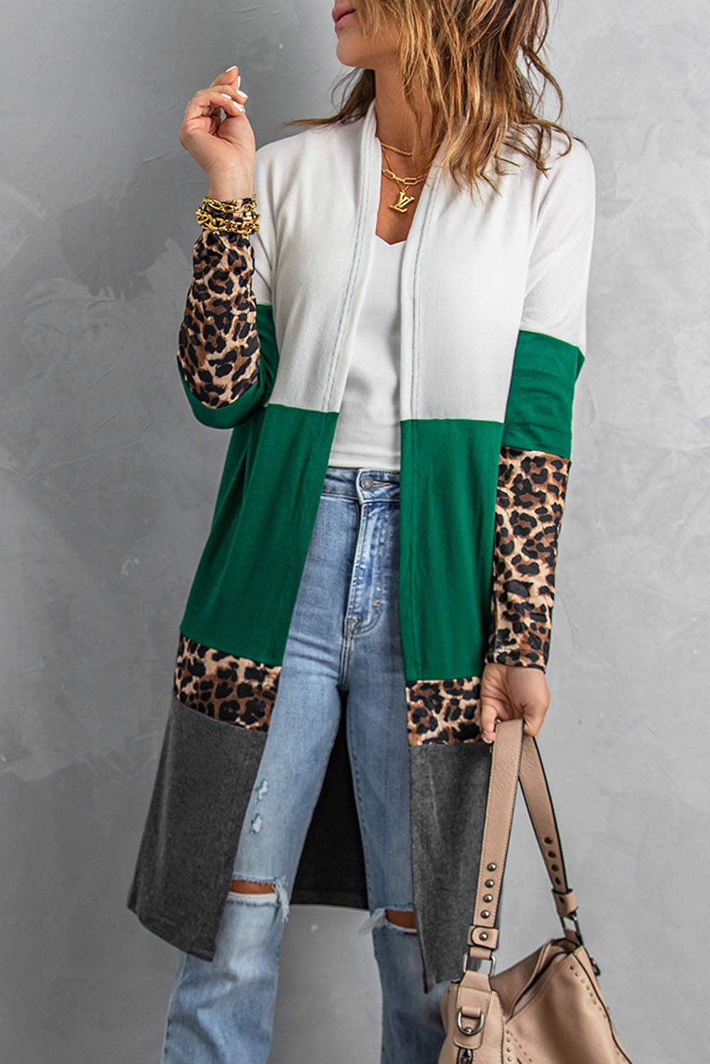 Leopard Color Block Open Front Longline Cardigan Sweater