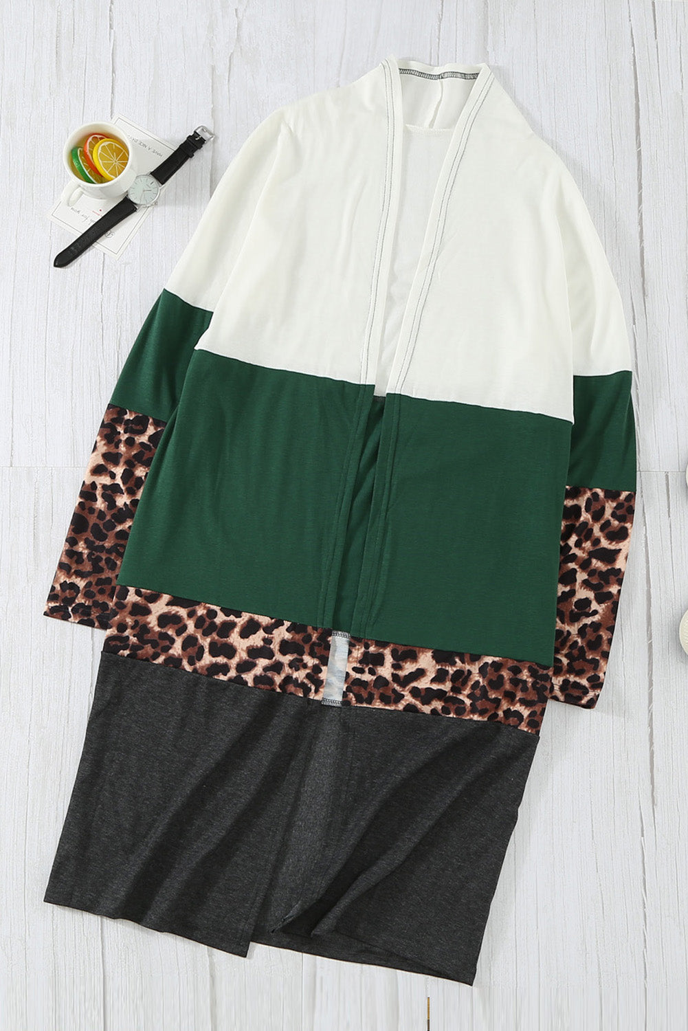 Leopard Color Block Open Front Longline Cardigan Sweater