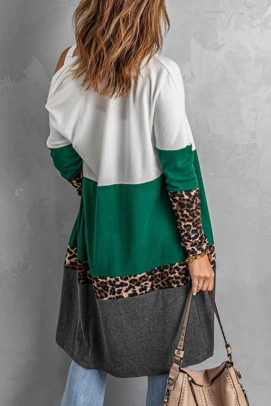 Leopard Color Block Open Front Longline Cardigan Sweater