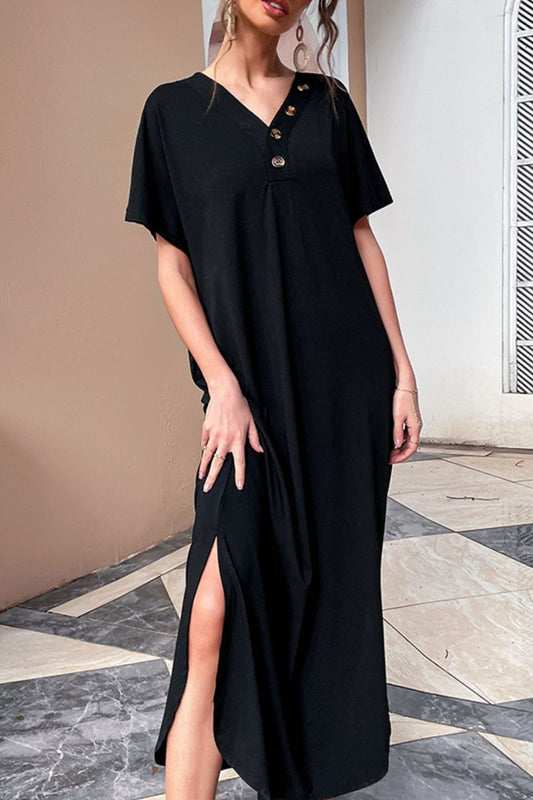 Black Button V-Neck Slit Maxi Dress