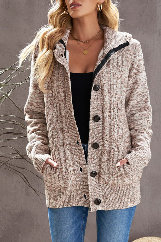 Cable-Knit Fleece Lining Button-Up Hooded Cardigan