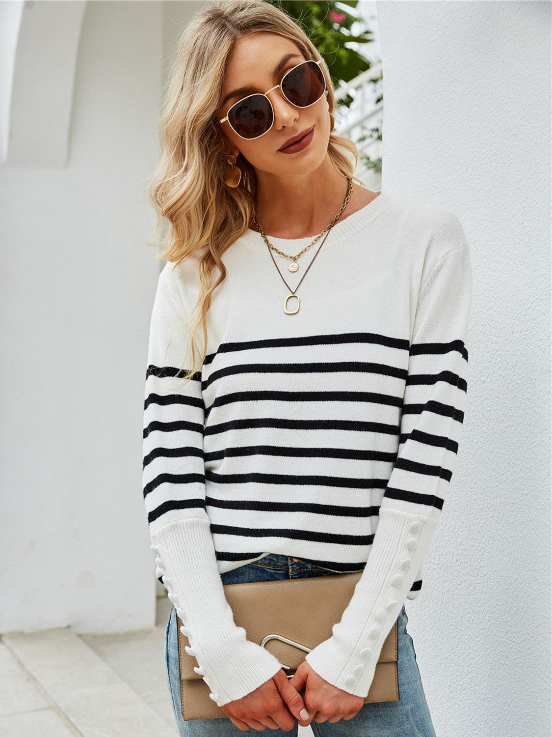 Striped Decorative Button Knit Top