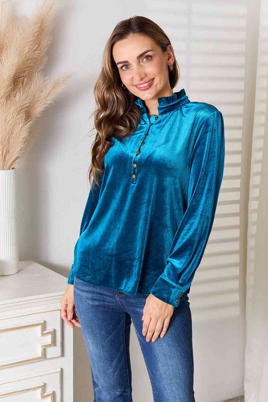 Double Take Notched Neck Buttoned Long Sleeve Blouse